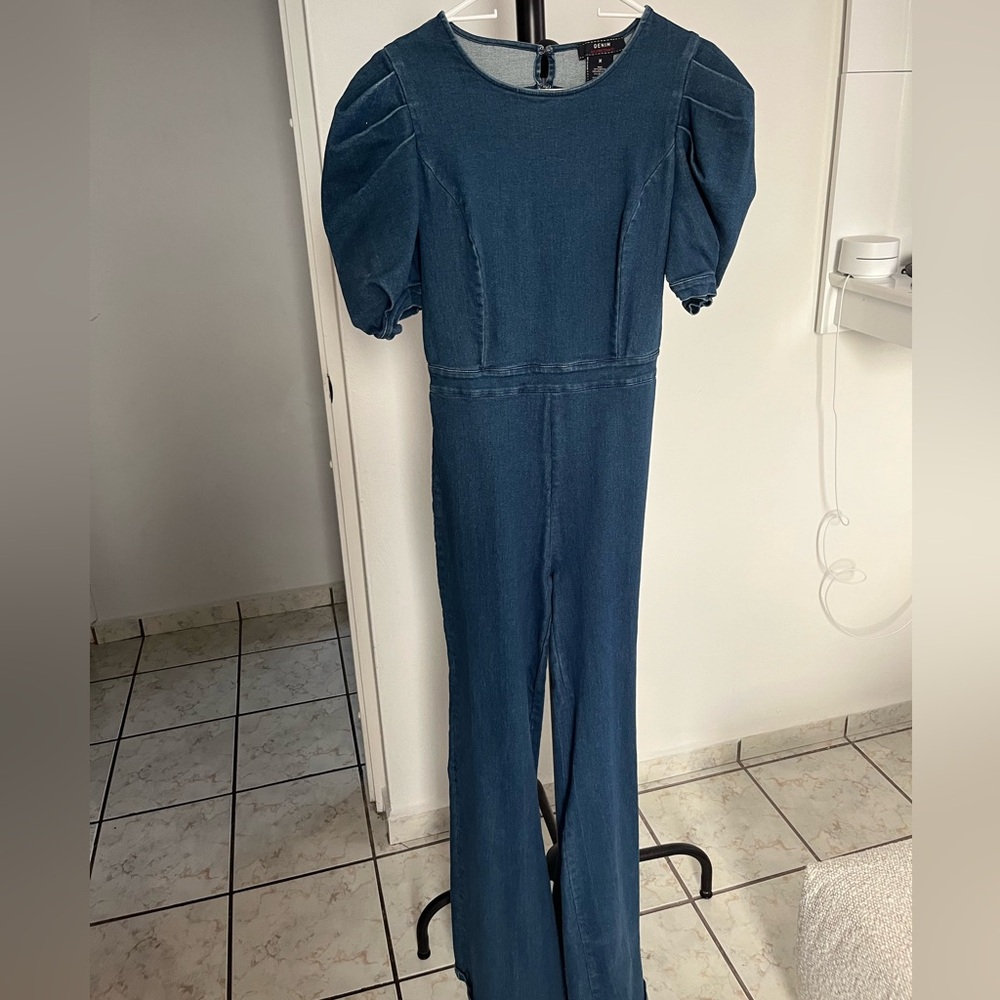 Denim Puff-Sleeve Jumpsuit - Blue